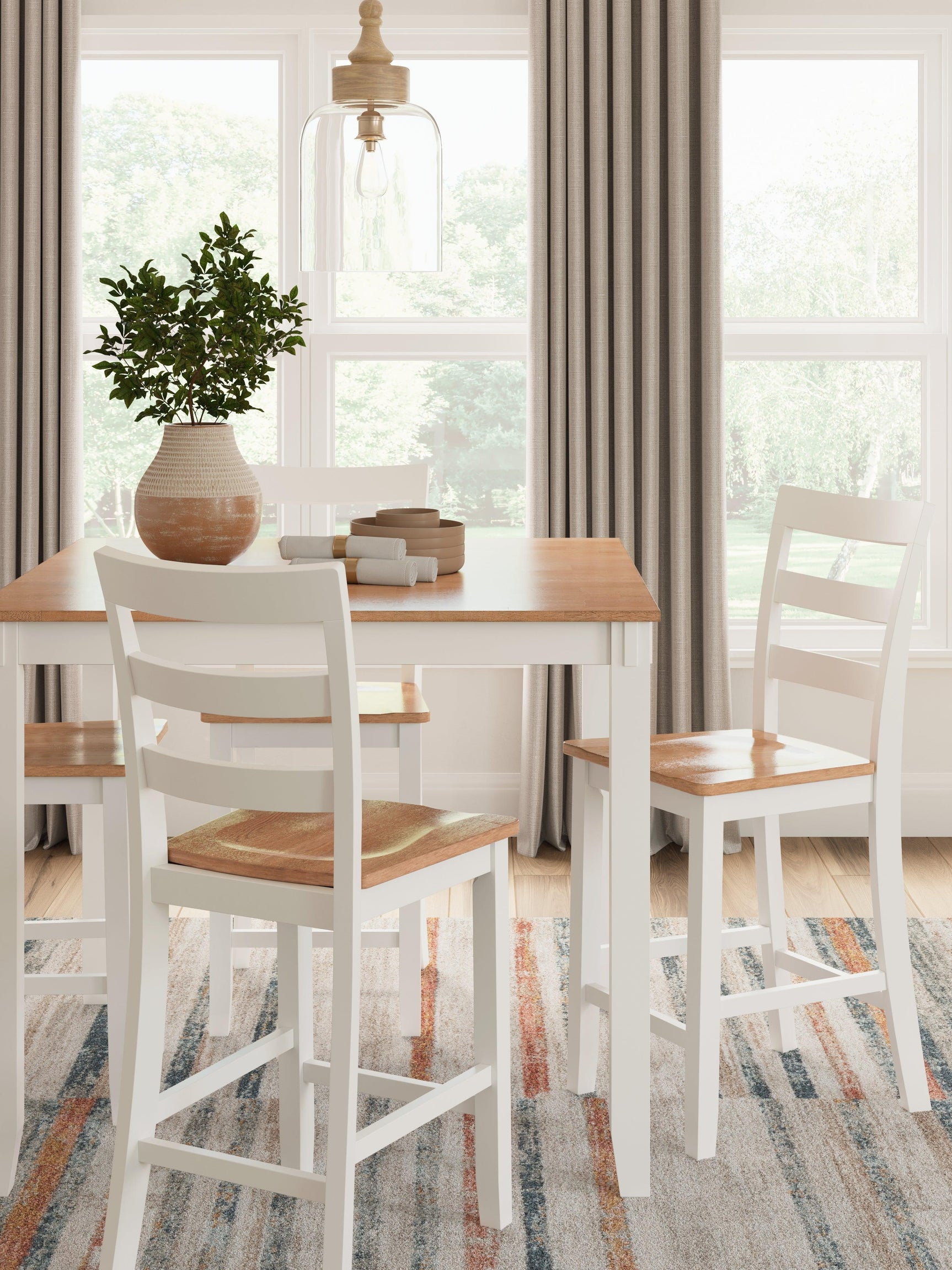 Top view showing table surface and barstool seating