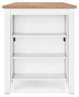 Storage shelves underneath the dining table