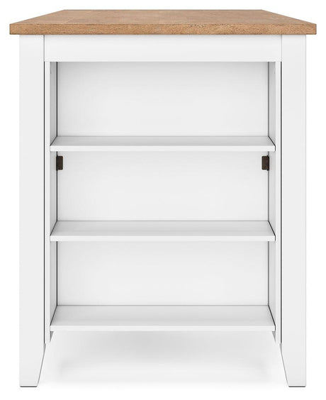 Storage shelves underneath the dining table