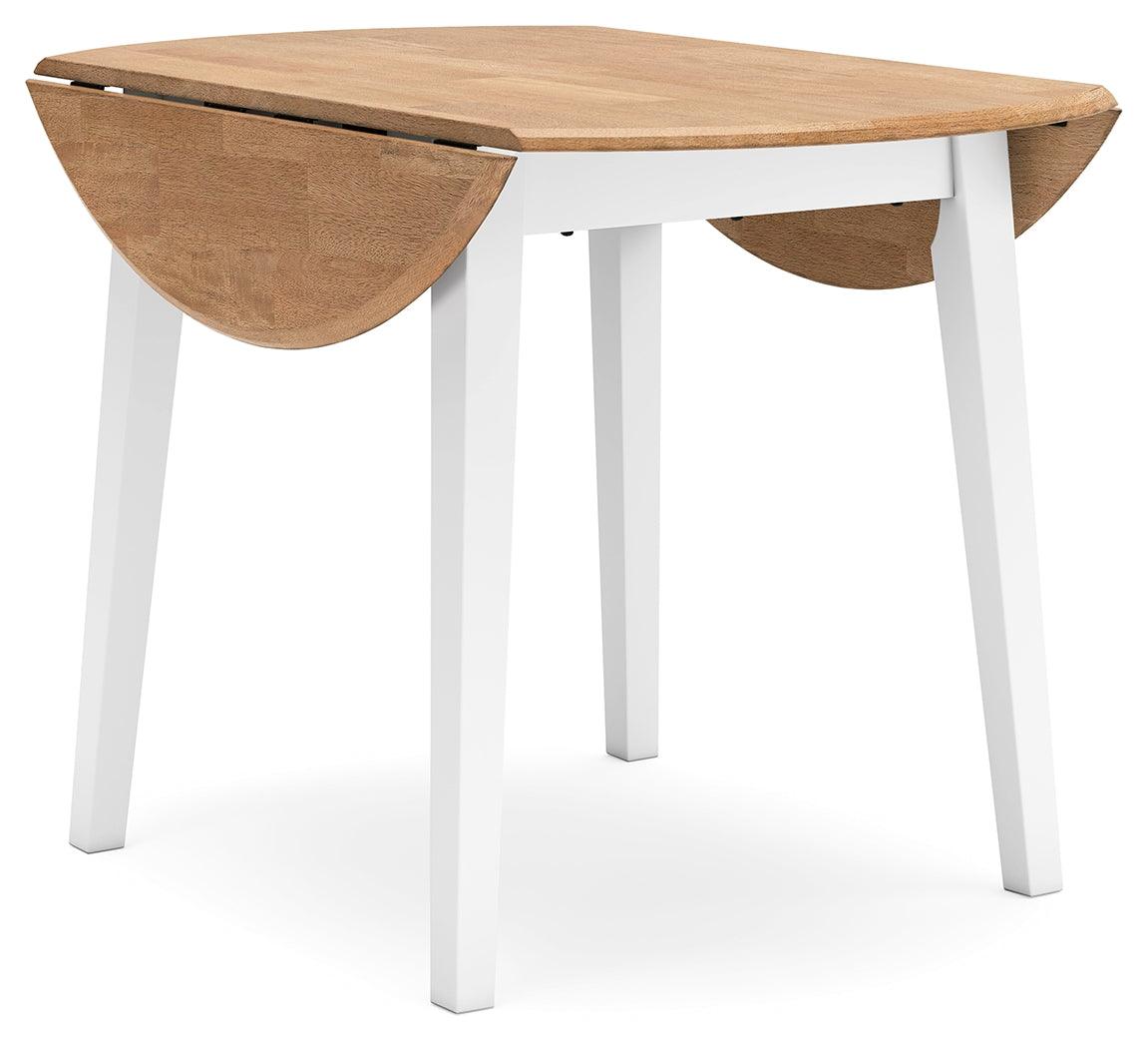 Round butcher block veneer top of Gesthaven dining table