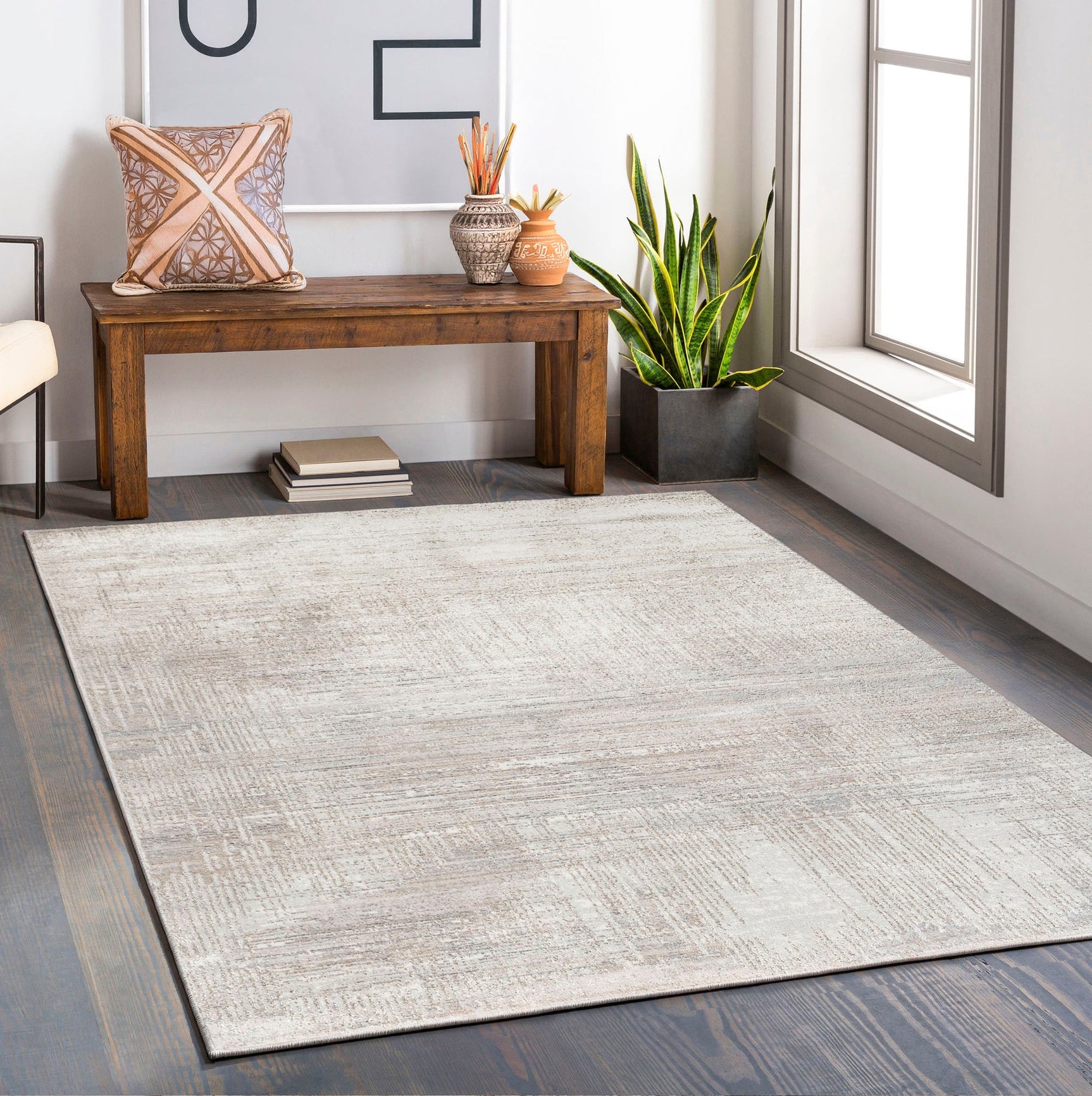 Glitz 711 Carbon area rug full view on hardwood floor