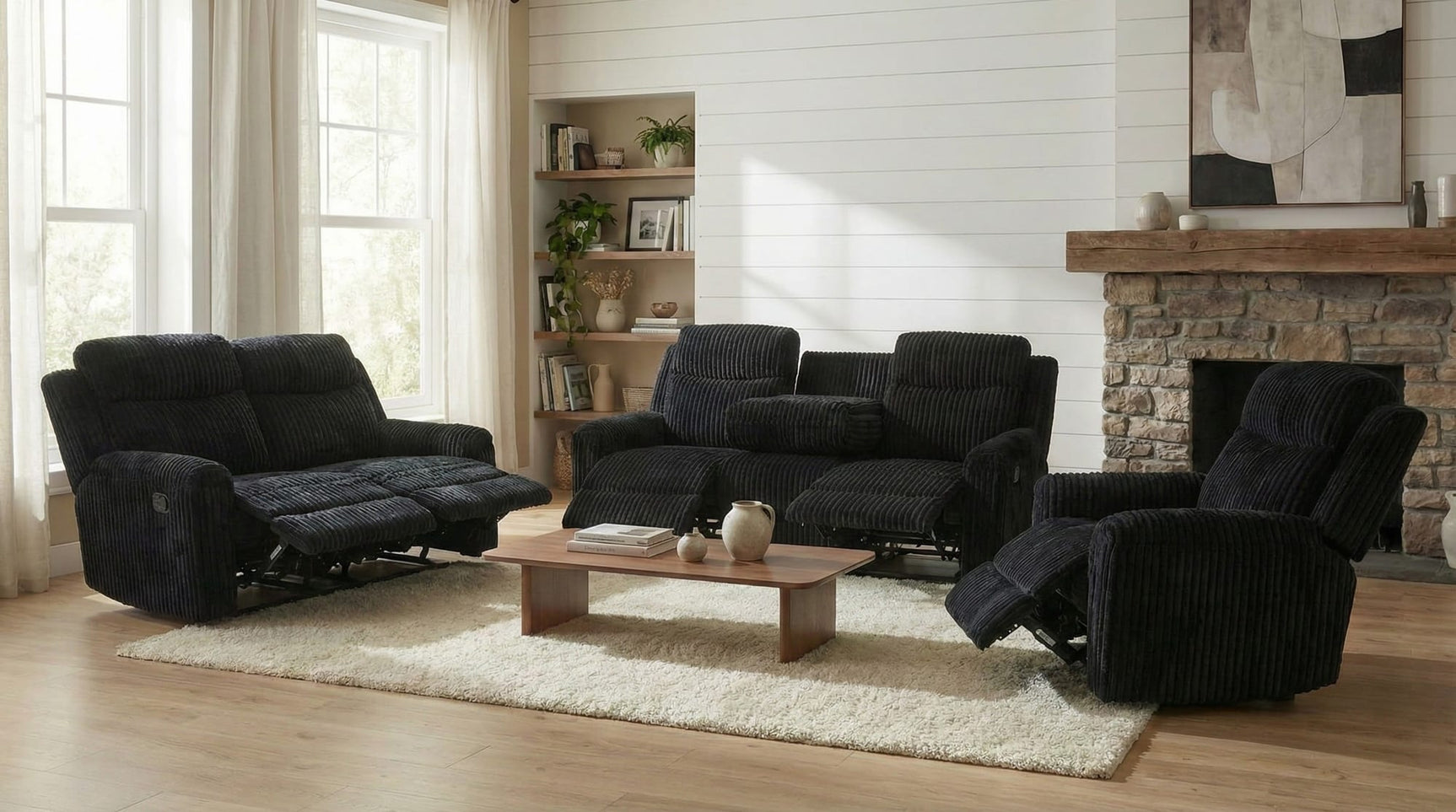 Grace Black Corduroy Reclining Sofa with Drop-Down Table, Loveseat, and Glider Recliner Set from Decor Furniture