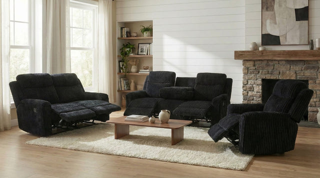 Grace Black Corduroy Reclining Sofa with Drop-Down Table, Loveseat, and Glider Recliner Set from Decor Furniture