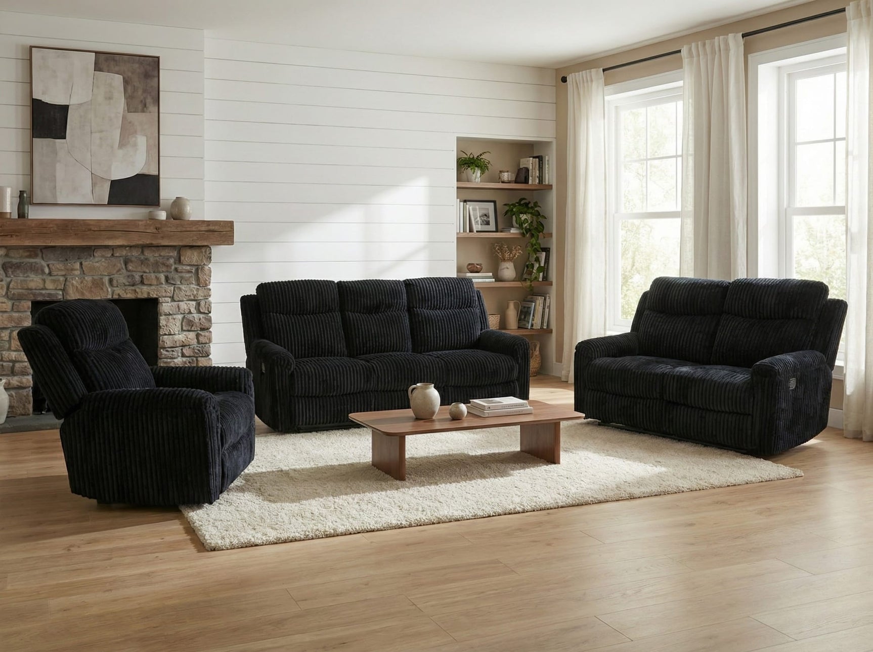 Grace Black Corduroy Reclining Sofa with Drop-Down Table, Loveseat, and Glider Recliner Set view 2