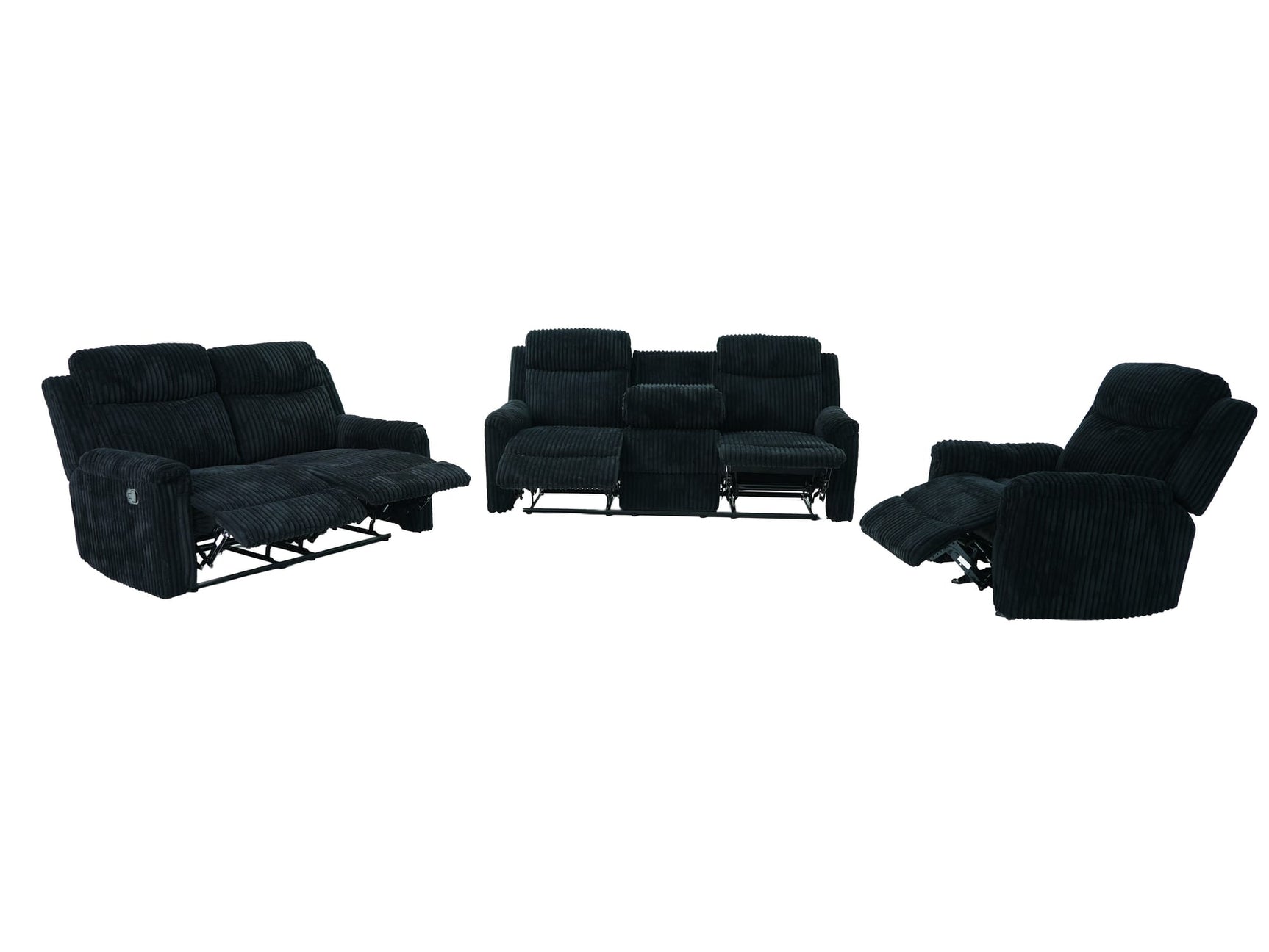 Grace Black Corduroy Reclining Sofa with Drop-Down Table, Loveseat, and Glider Recliner Set view 3