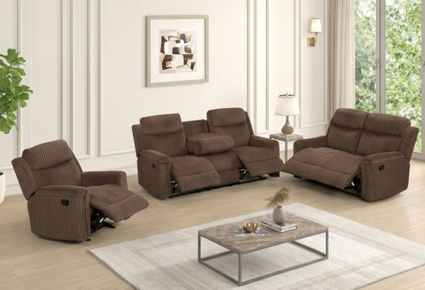 Grace Brown Corduroy Reclining Sofa with Drop-Down Table, Loveseat, and Glider Recliner Set from Decor Furniture