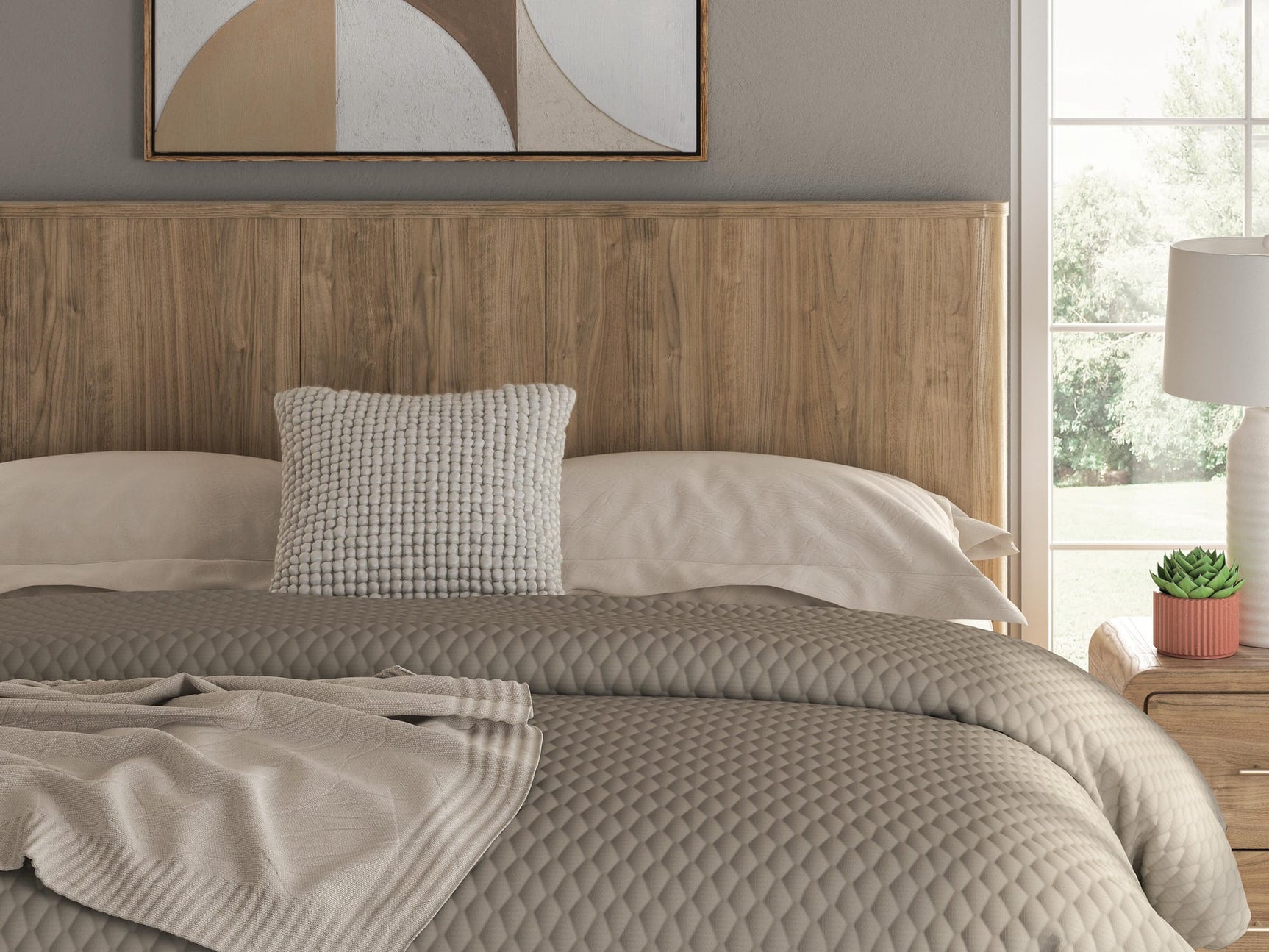 Gramburg Warm Natural Brown King Panel Bed detail view