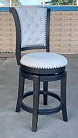 Granville barstool in dove gray fabric with tufted back and solid wood frame from front angle