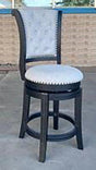 Granville barstool in dove gray fabric with tufted back and solid wood frame from front angle