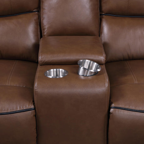Greenfield saddle brown power reclining sofa set angled view