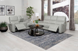 Side angle of Greenfield ivory power reclining loveseat with console