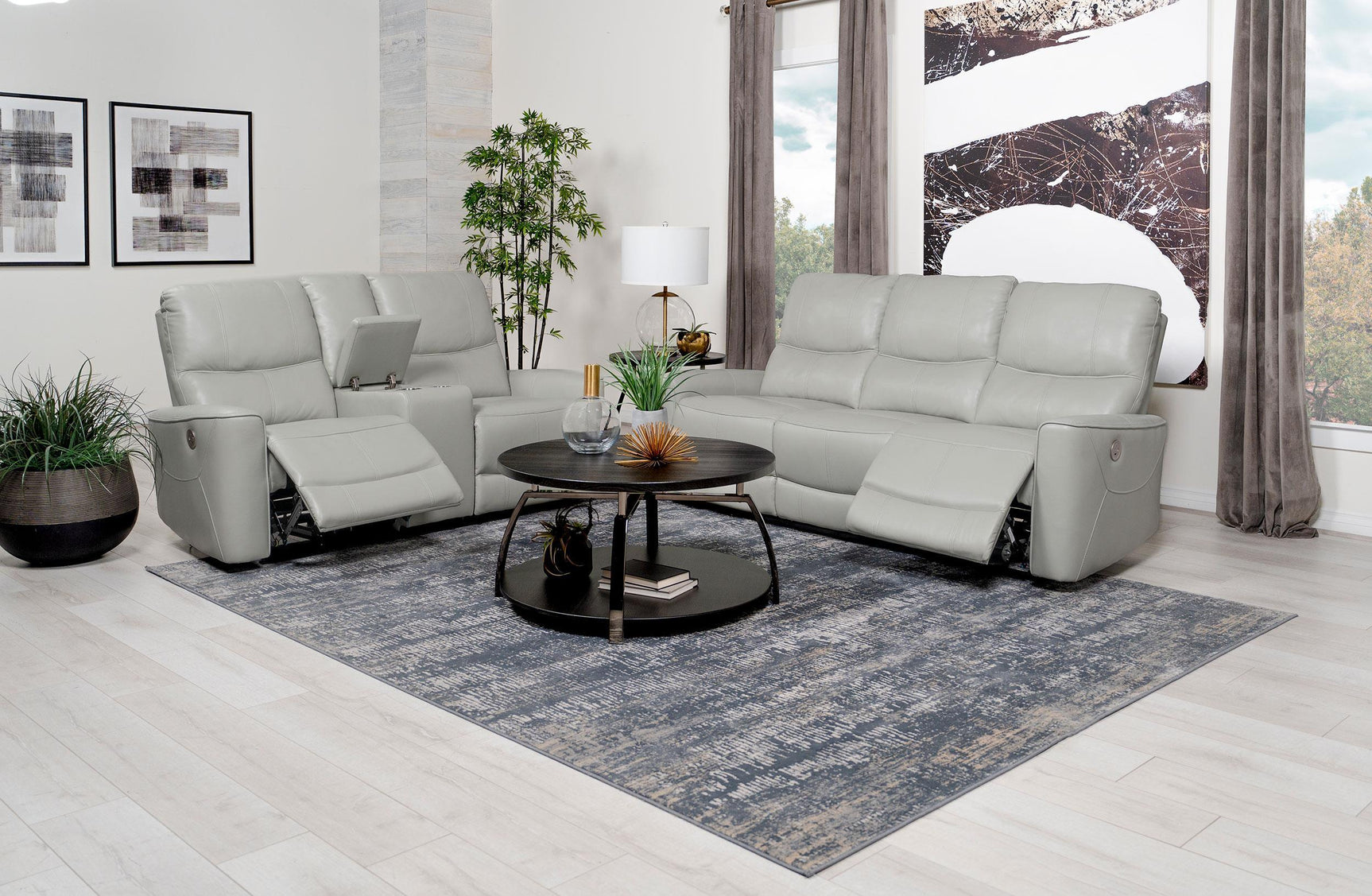 Side angle of Greenfield ivory power reclining loveseat with console