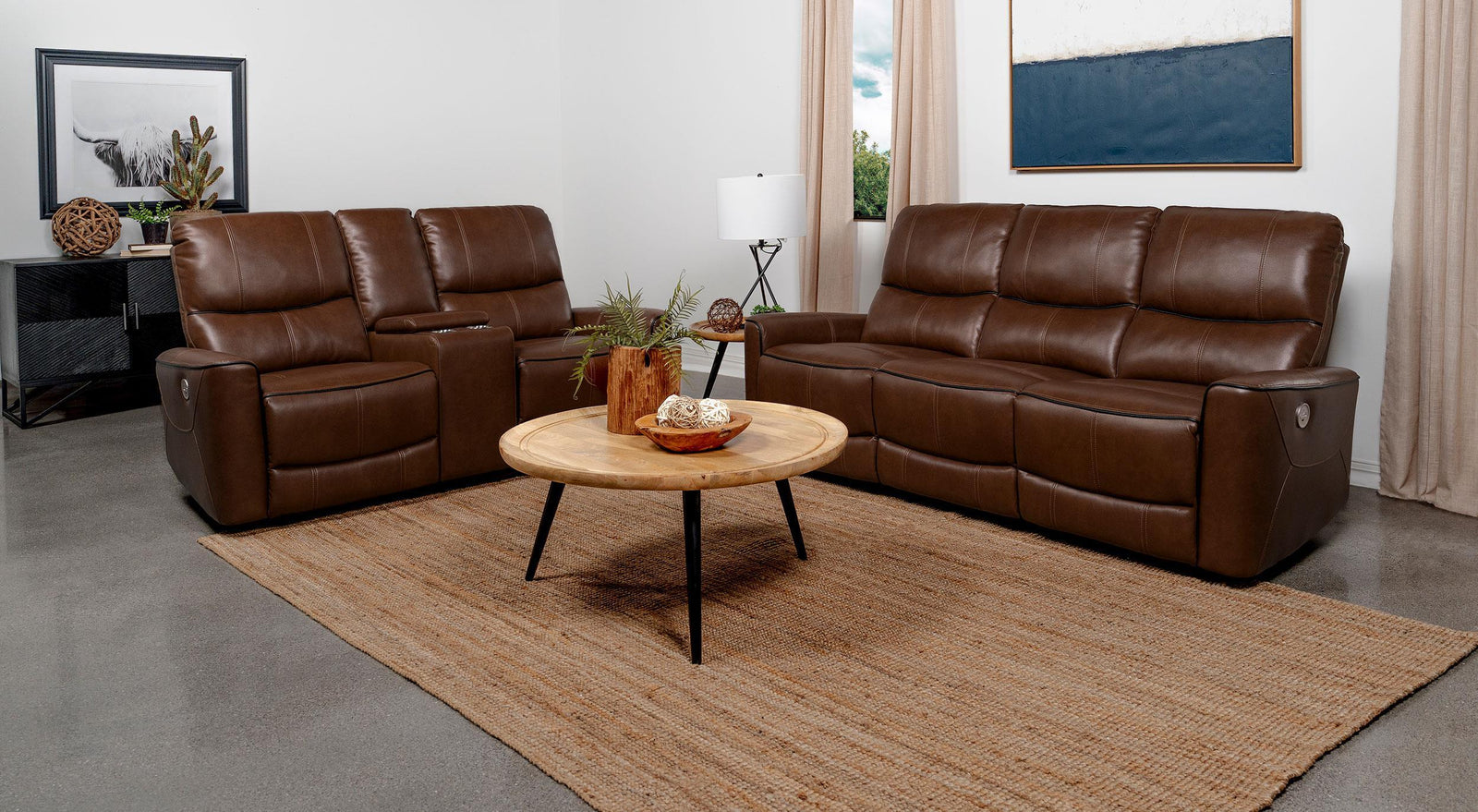 Greenfield 2-Piece Upholstered Power Reclining Sofa Set Saddle Brown 610264P-s2 - Ella Furniture