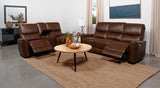 Greenfield 2-Piece Upholstered Power Reclining Sofa Set in saddle brown, angled side view