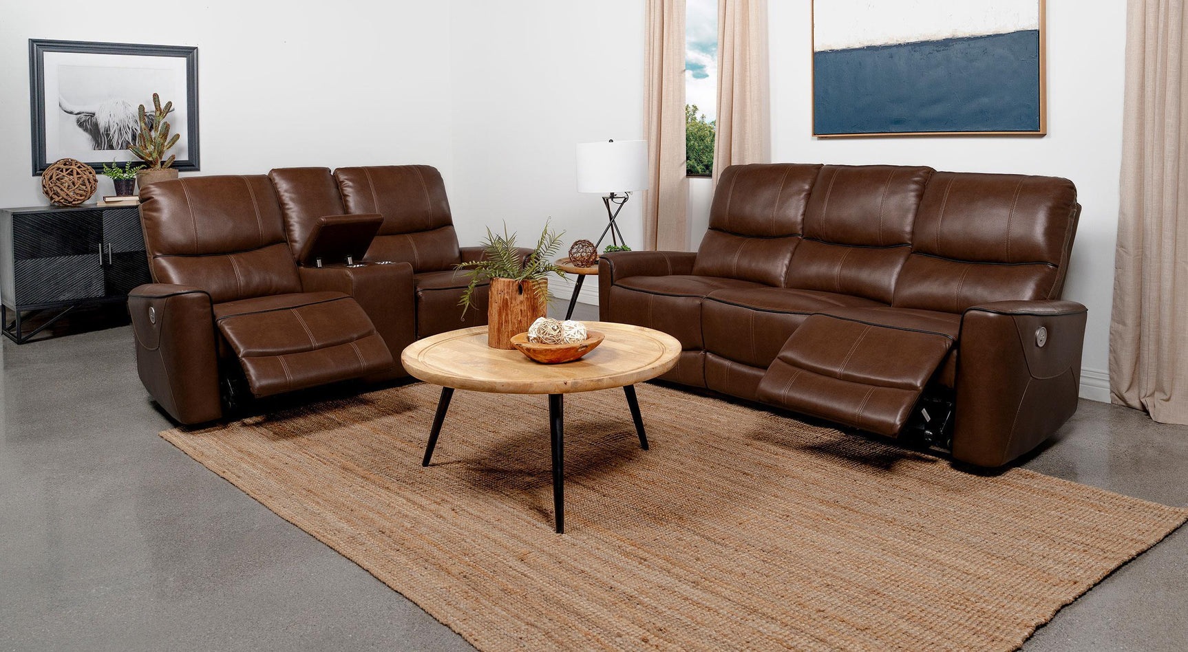 Greenfield 2-Piece Upholstered Power Reclining Sofa Set in saddle brown, angled side view