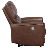 Close-up of saddle brown leatherette upholstery and stitching