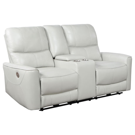 Greenfield Ivory Upholstered Power Reclining Loveseat side view showing reclined position