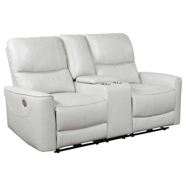 Greenfield Ivory Upholstered Power Reclining Loveseat side view showing reclined position