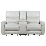 Greenfield Ivory Reclining Loveseat console open showing storage space
