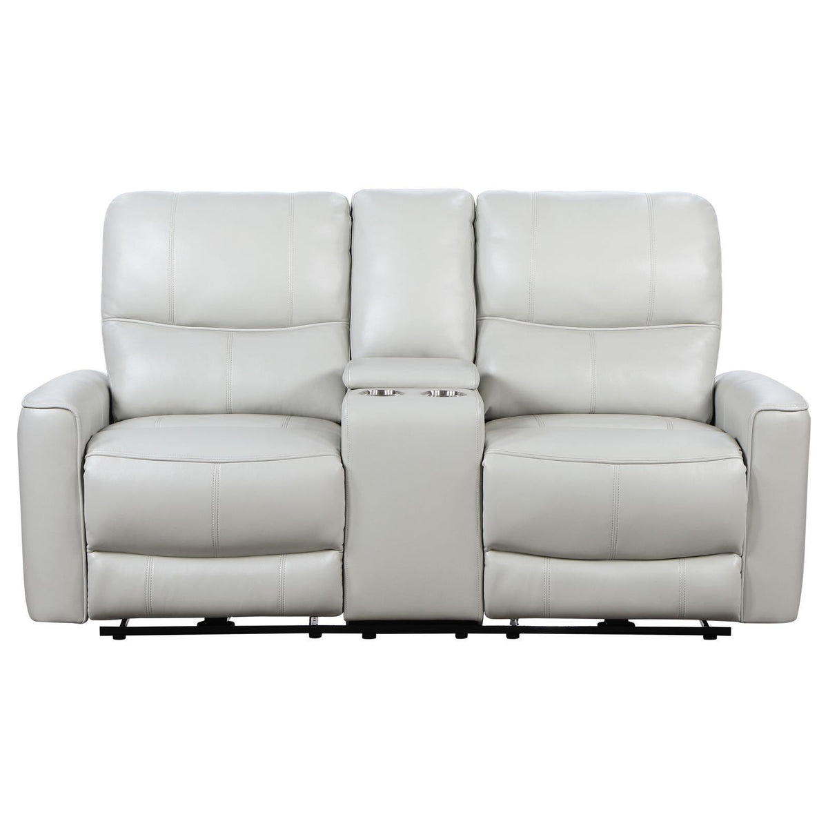 Greenfield Ivory Reclining Loveseat console open showing storage space