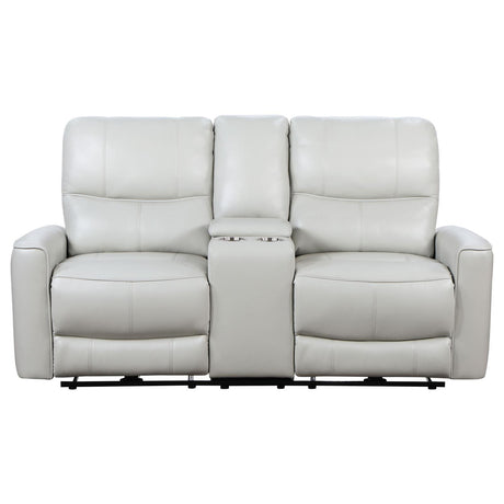 Greenfield Ivory Reclining Loveseat console open showing storage space