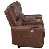 Greenfield Upholstered Power Reclining Loveseat saddle brown angled view