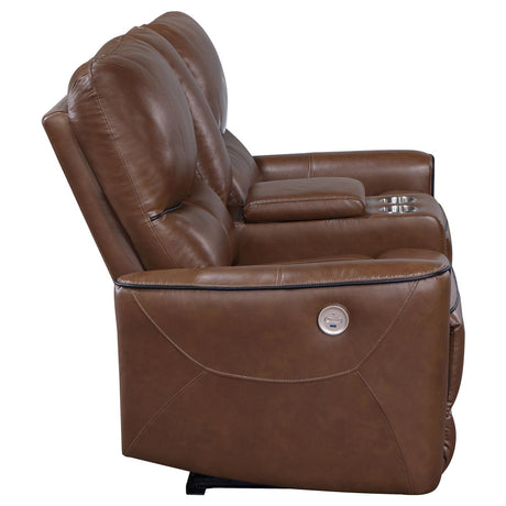 Greenfield Upholstered Power Reclining Loveseat saddle brown angled view