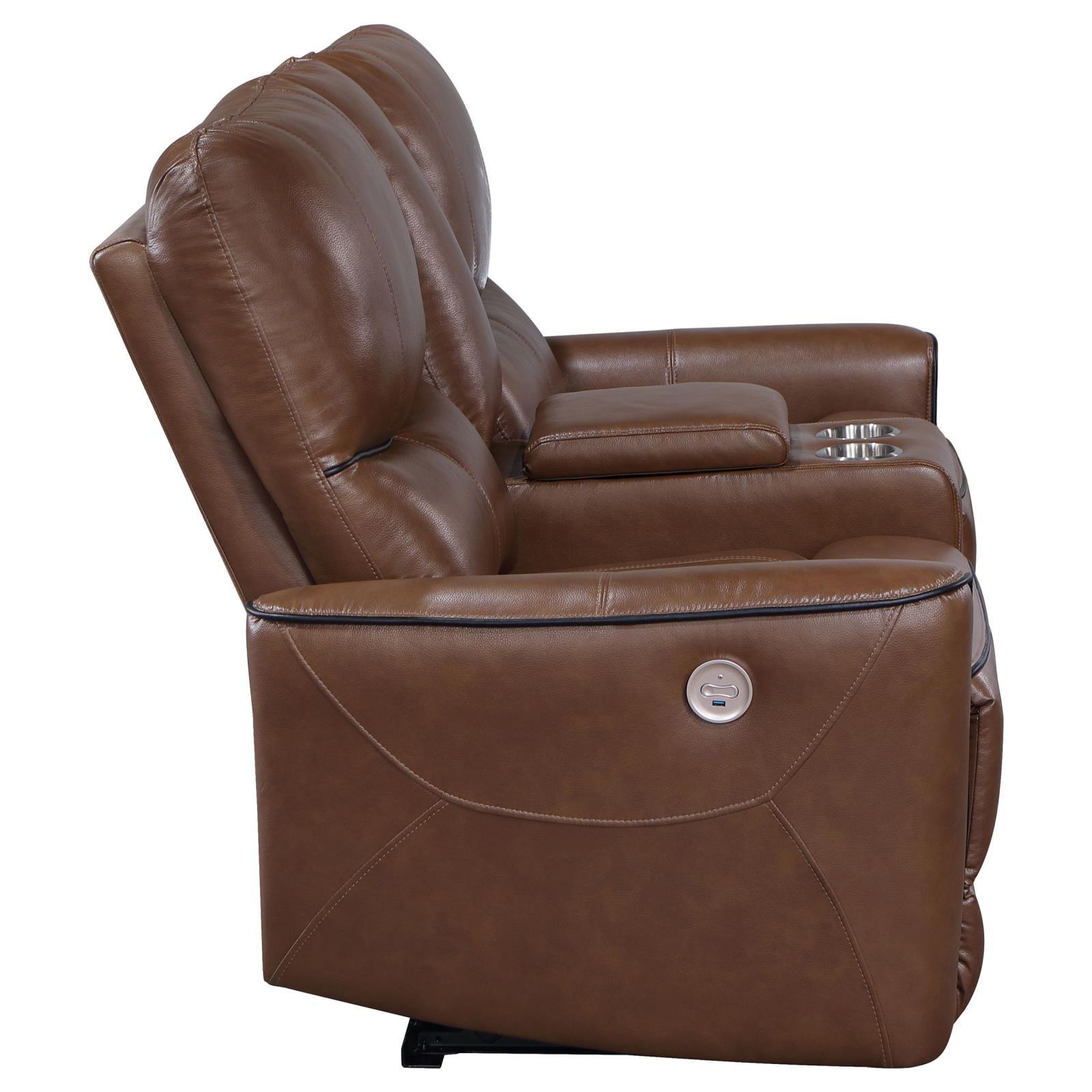 Greenfield Upholstered Power Reclining Loveseat With Console Saddle Brown 610265P - Ella Furniture