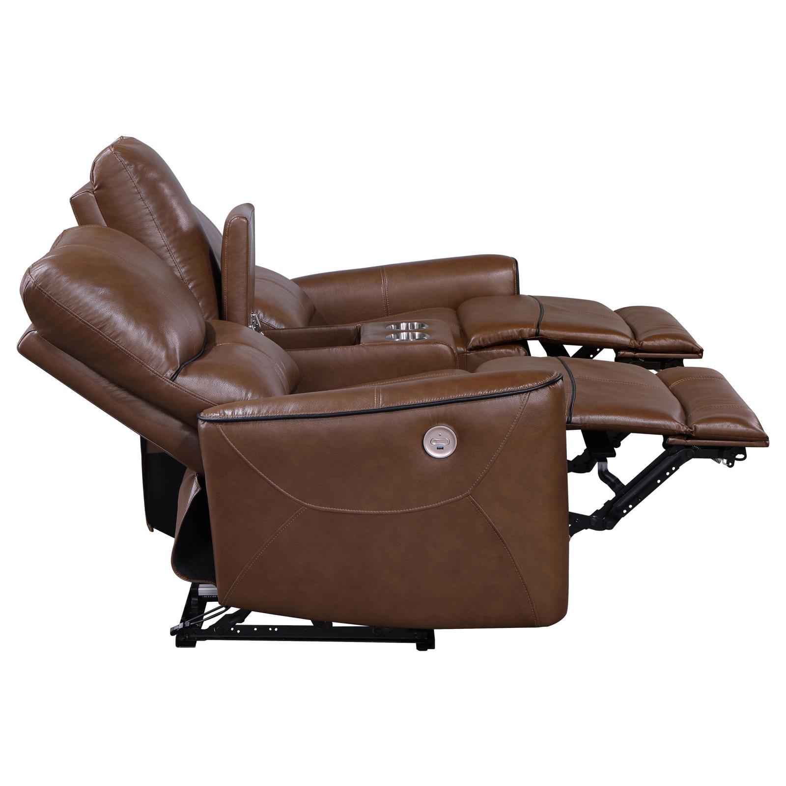 Close-up of saddle brown leatherette upholstery on Greenfield loveseat