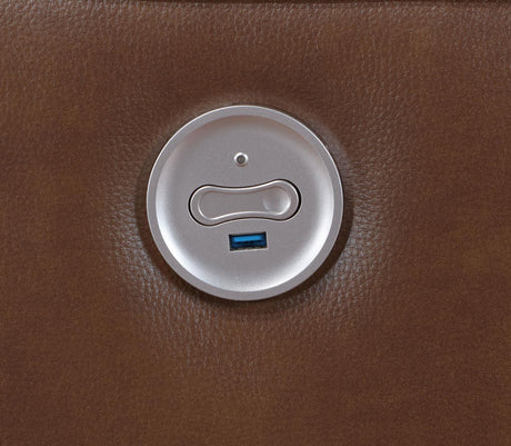 Dual cup holders in console of Greenfield loveseat