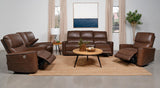 Full view of reclining sofa in saddle brown leatherette