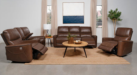 Full view of reclining sofa in saddle brown leatherette