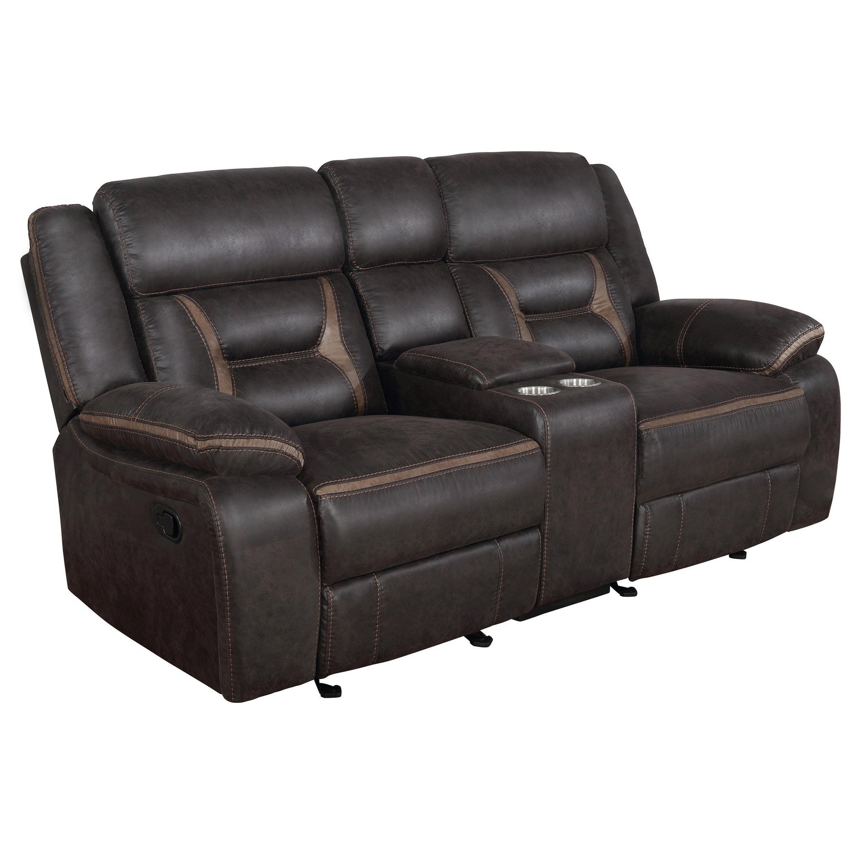 Glider loveseat reclining position in brown upholstery