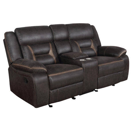 Glider loveseat reclining position in brown upholstery