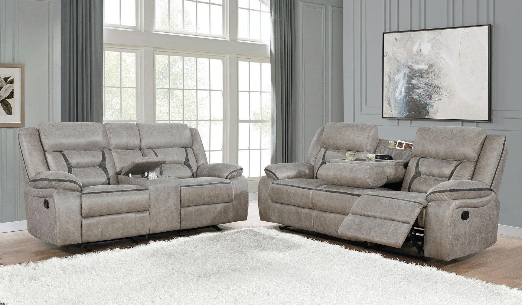 Greer taupe upholstered reclining sofa side view showing armrest and cupholder