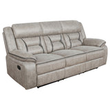 Greer taupe upholstered reclining sofa and glider loveseat set in living room