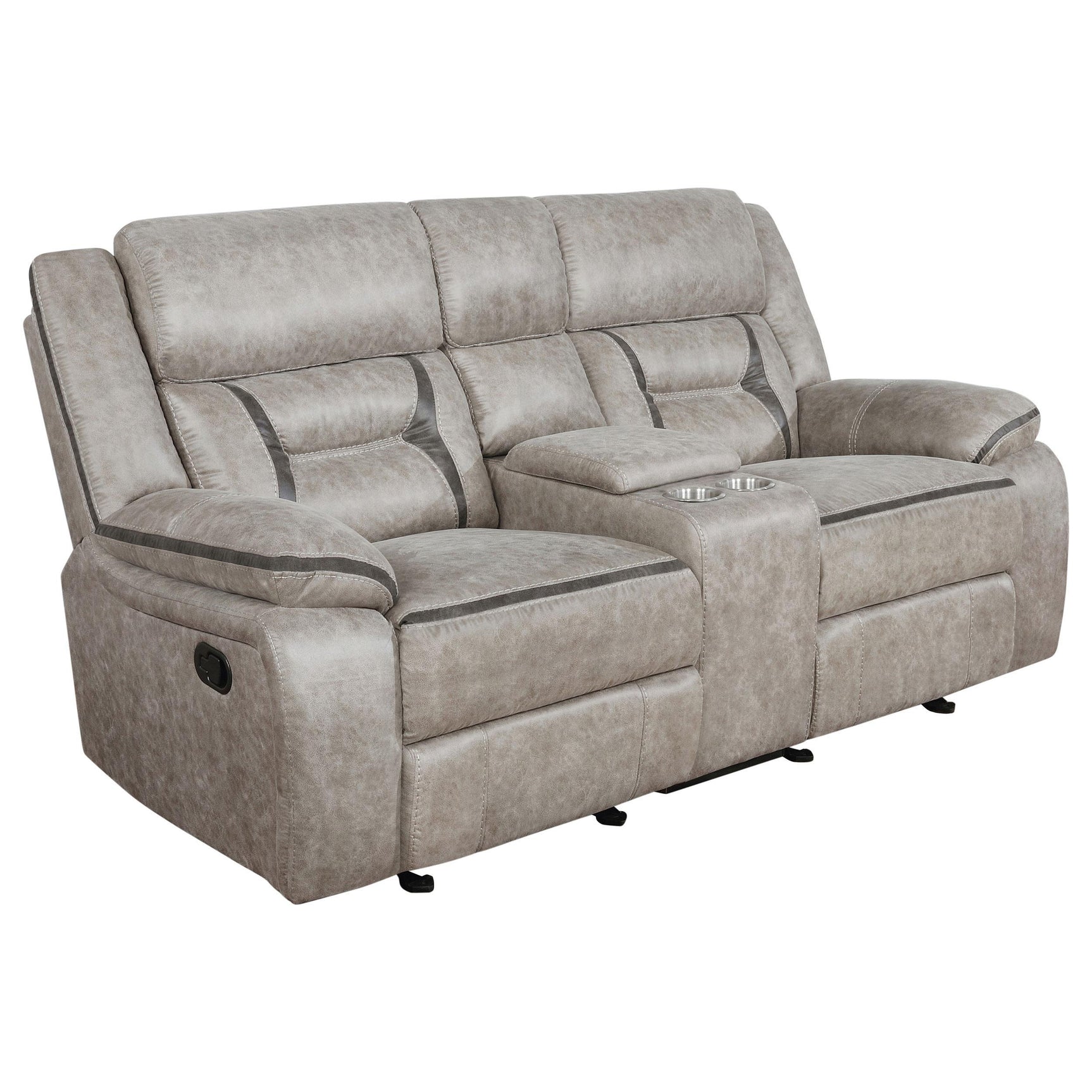Greer glider loveseat taupe upholstery front angle