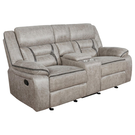 Greer glider loveseat taupe upholstery front angle