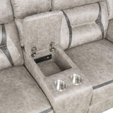 Greer reclining loveseat taupe side view showing glider motion
