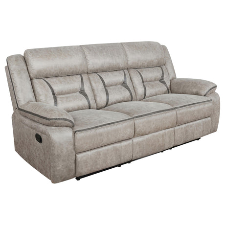 Swivel glider recliner in taupe, angled view