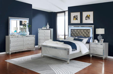 Front view of Gunnison Silver Metallic Bedroom Set with LED lighting