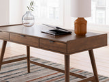 Lyncott Brown Desk angled front view showing work surface and drawers