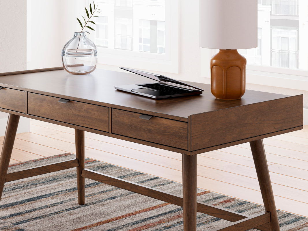 Lyncott Brown Desk angled front view showing work surface and drawers
