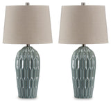 Hadbury table lamps in pale blue teal glaze angled view