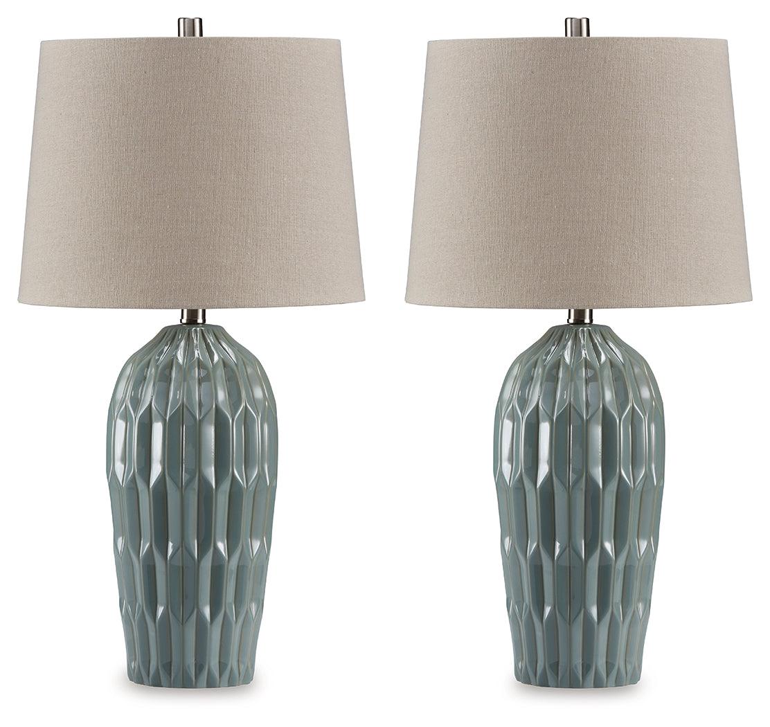 Hadbury table lamps in pale blue teal glaze angled view
