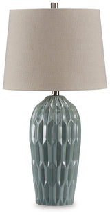Close-up of pale teal ceramic base with dimensional design