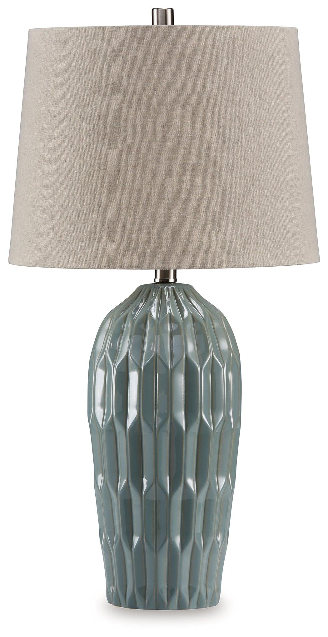 Close-up of pale teal ceramic base with dimensional design