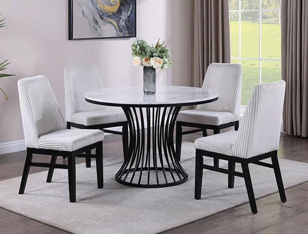 main view of Hadley white marble top dining table with velvet upholstered chairs