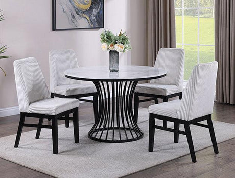main view of Hadley white marble top dining table with velvet upholstered chairs