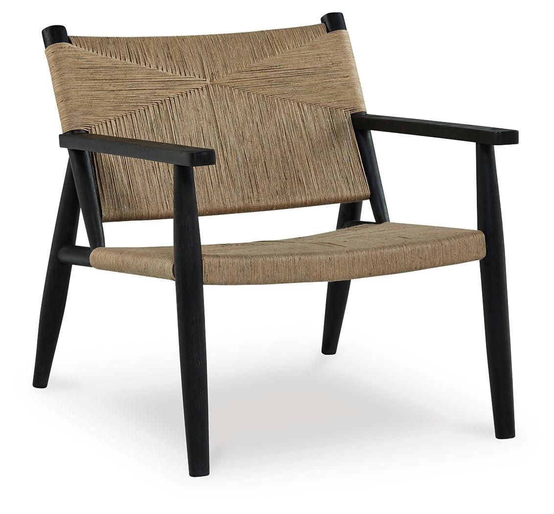 Halfmore accent chair side view showing wood frame